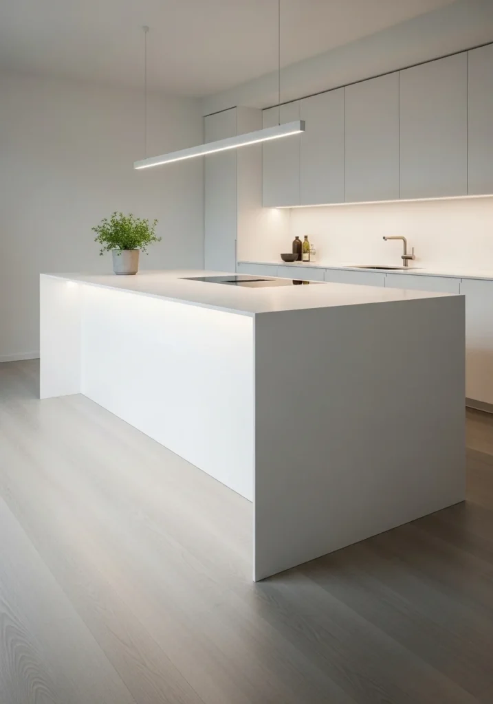 Minimalist waterfall island with clean lines in a modern kitchen