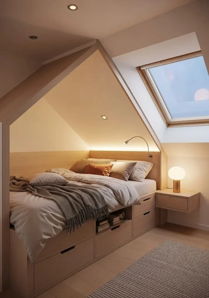 Attic bedroom with built-in bed and hidden storage for space saving