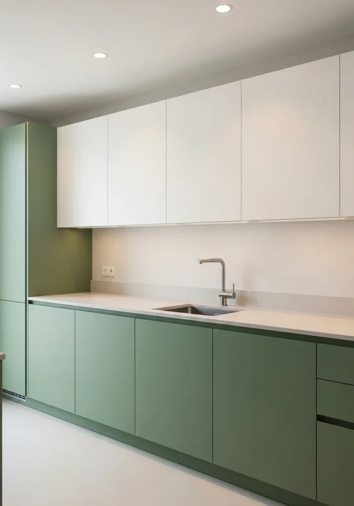 Two tone kitchen with green lower cabinets and white upper cabinets