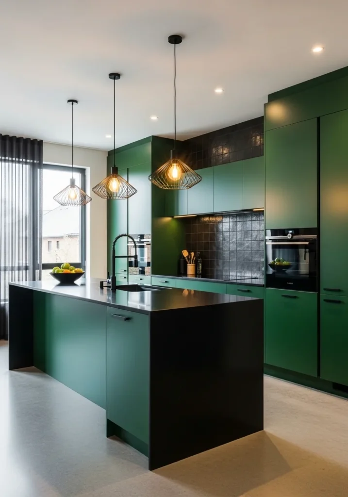 Green kitchen cabinets with black accents for dramatic contrast