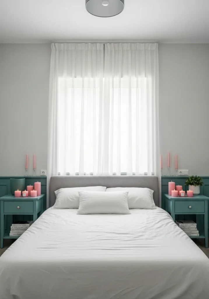 Teal nightstands styled with pink bedroom decor accessories