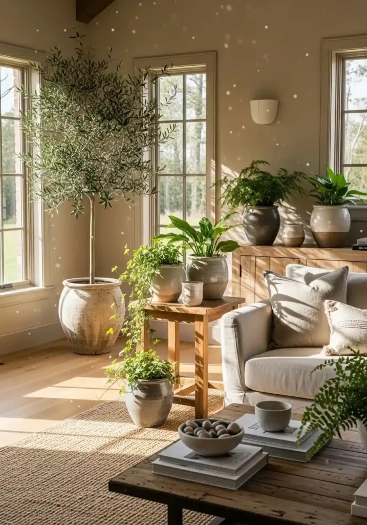 Farmhouse living room decorated with indoor plants and natural greenery