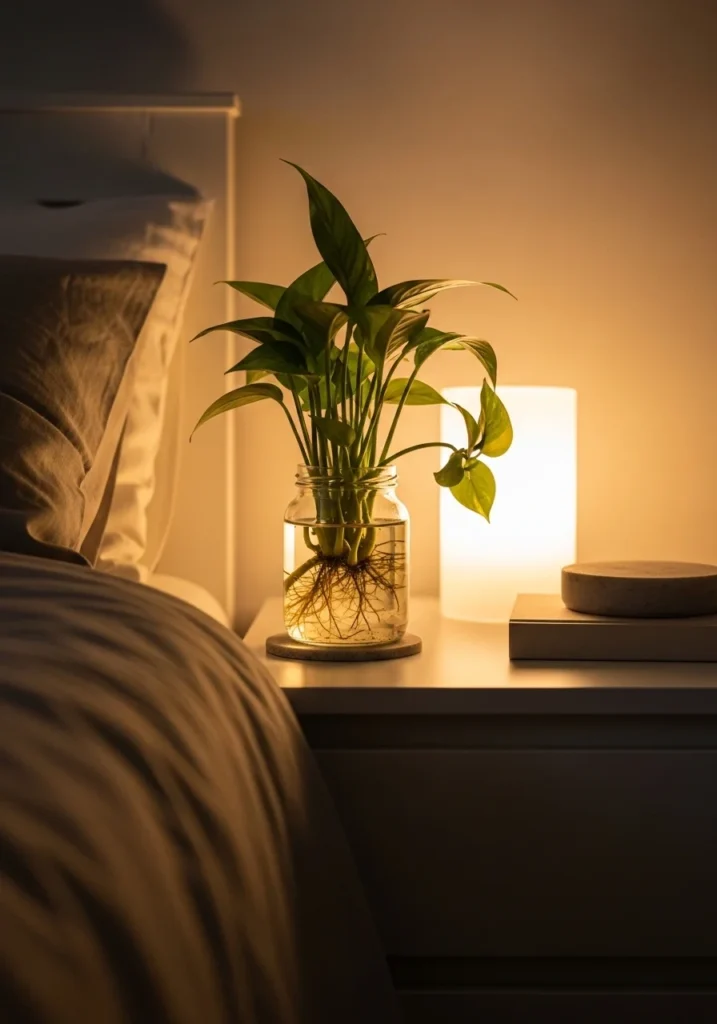 Small water plants on bedroom nightstand creating calm atmosphere
