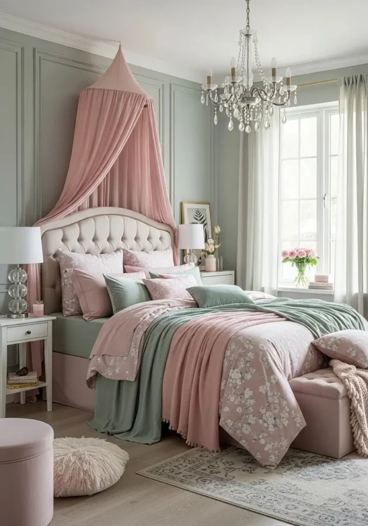 Soft pastel master bedroom with calming and airy feel