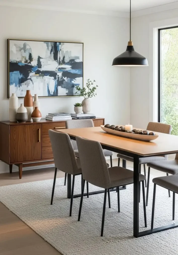 Dining table and storage setup in living dining combo space