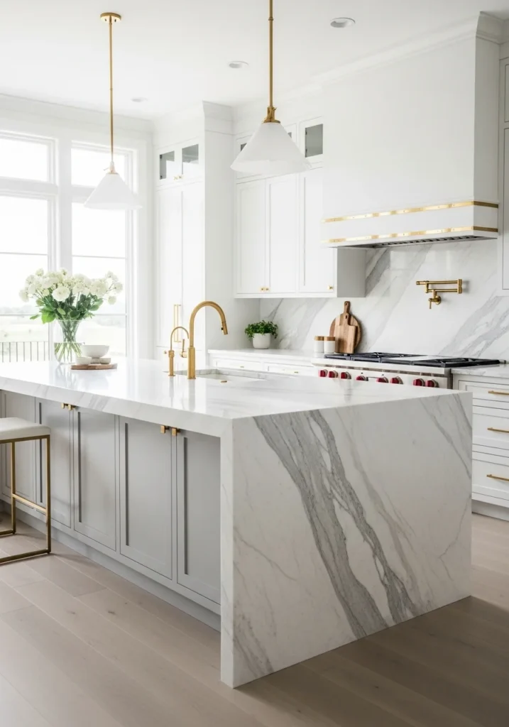 Classic white marble waterfall island in a bright modern luxury kitchen