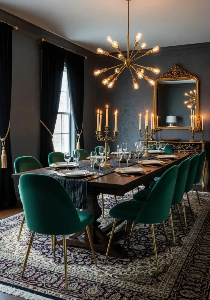 moody dining room with jewel toned velvet chairs and rich colors