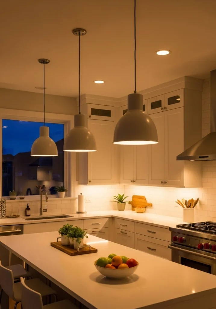 soft lighting white kitchen warm cozy design