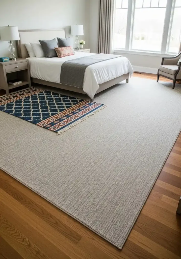 Layered rugs in a guest room adding texture, warmth, and visual interest