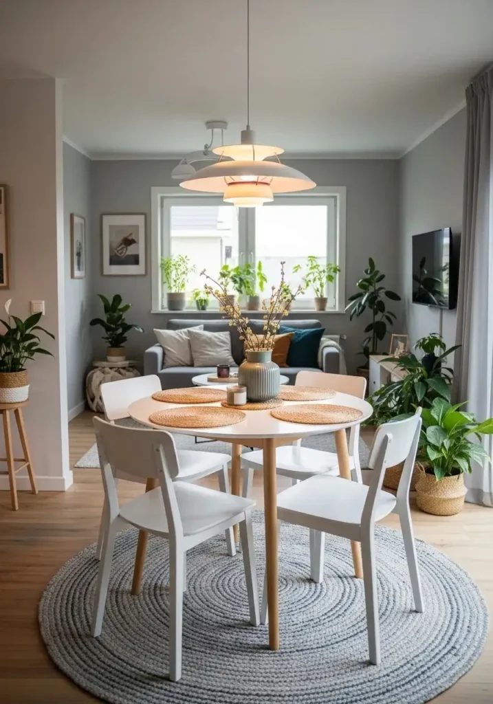 Round dining table improving flow in living dining combo space