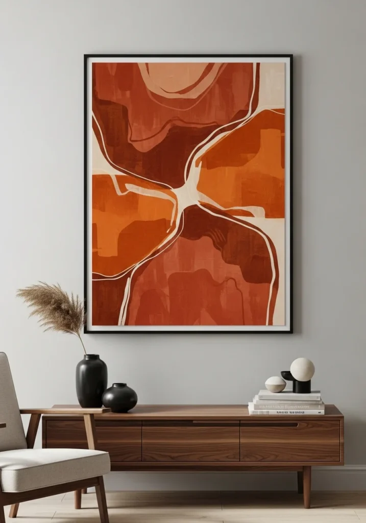 Burnt orange wall art adding personality and warmth to living room walls