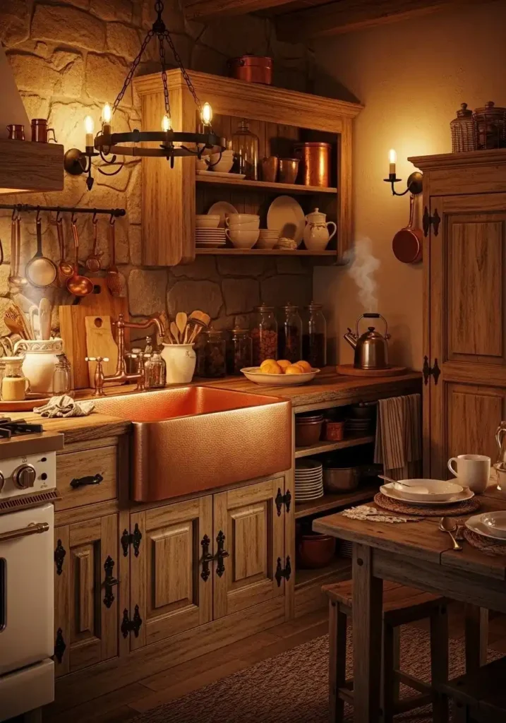 Hammered copper kitchen sink in rustic warm-toned kitchen design