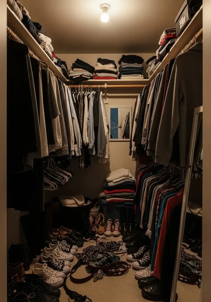 Cluttered small walk in closet with messy clothes and poor organization