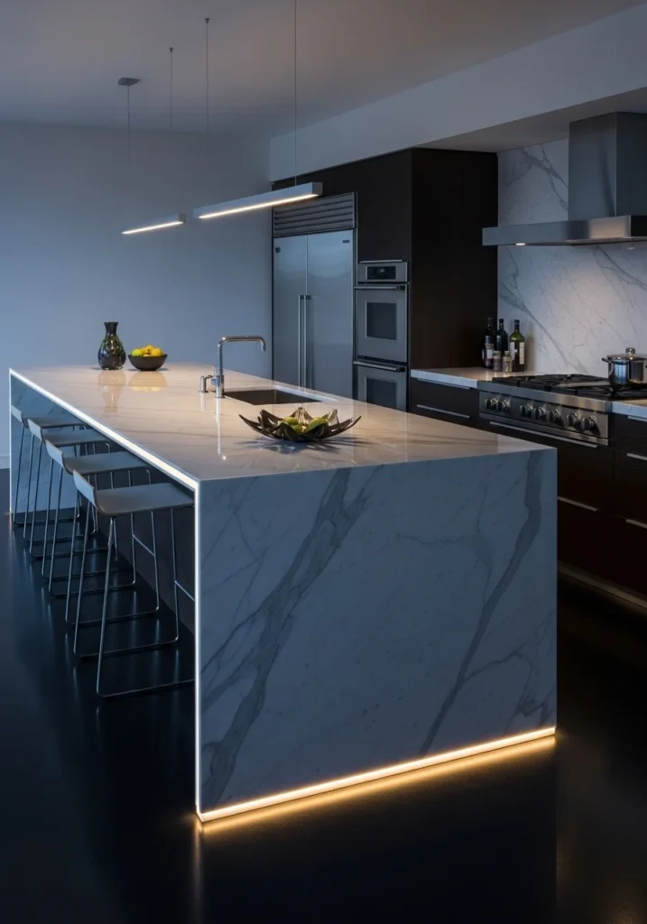 LED-lit waterfall island creating a glowing modern kitchen atmosphere