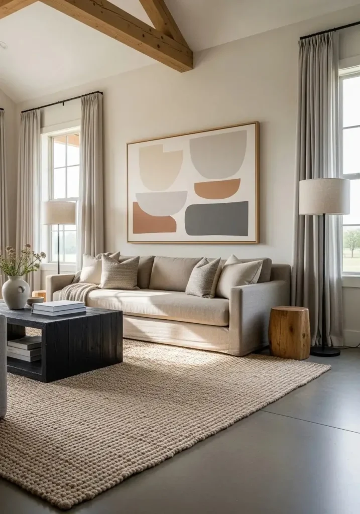 Oversized wall art in farmhouse living room with neutral cozy styling
