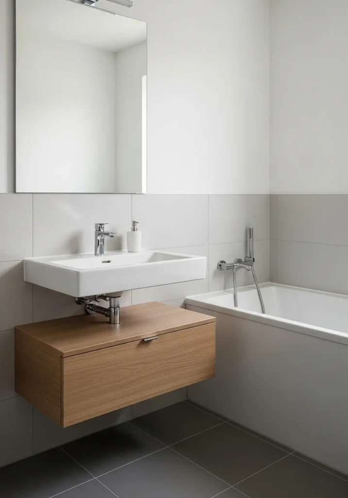 Wall-mounted fixtures saving floor space in small bathroom with tub