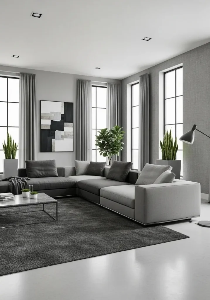 Monochrome grey living room color combination for layered modern style