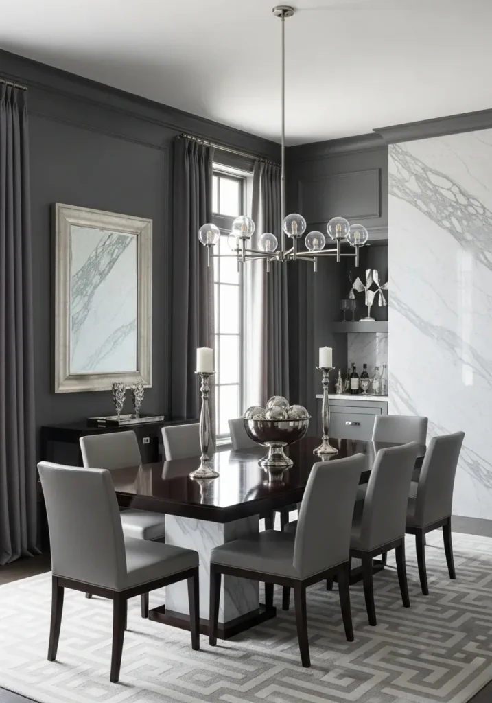 Charcoal grey dining room with sophisticated design