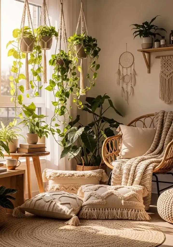 Boho hanging macramé planters with trailing plants near a sunlit window