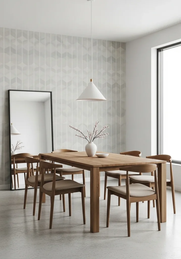 Geometric wallpaper adding subtle structure to dining room
