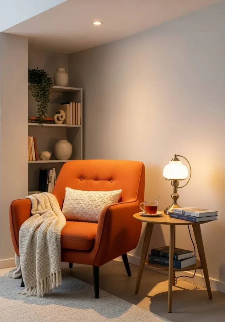 Burnt orange accent chair creating a cozy and stylish corner space