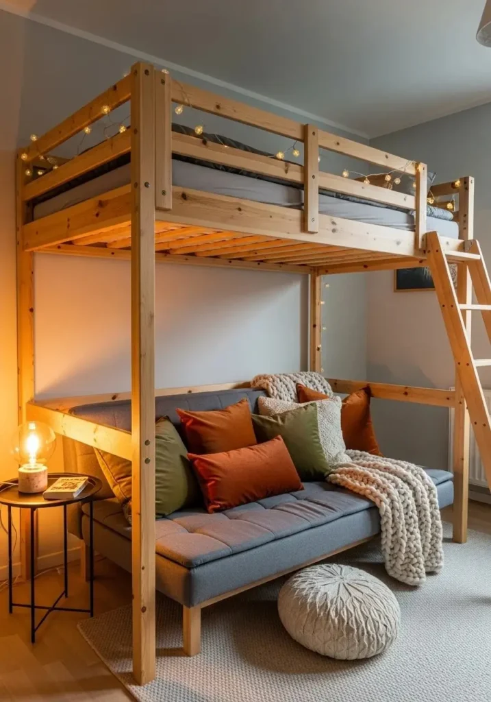 Loft bed with sofa lounge creating a cozy living space underneath