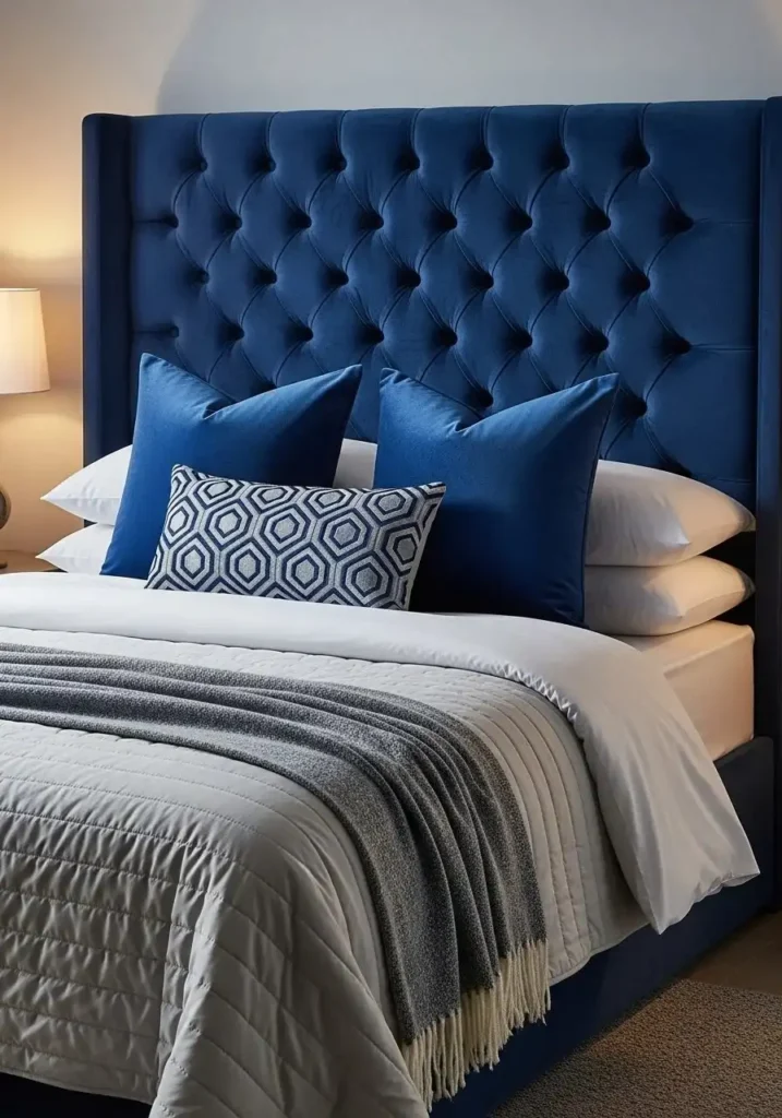 Guest room featuring a statement headboard that adds elegance and style to the bed.