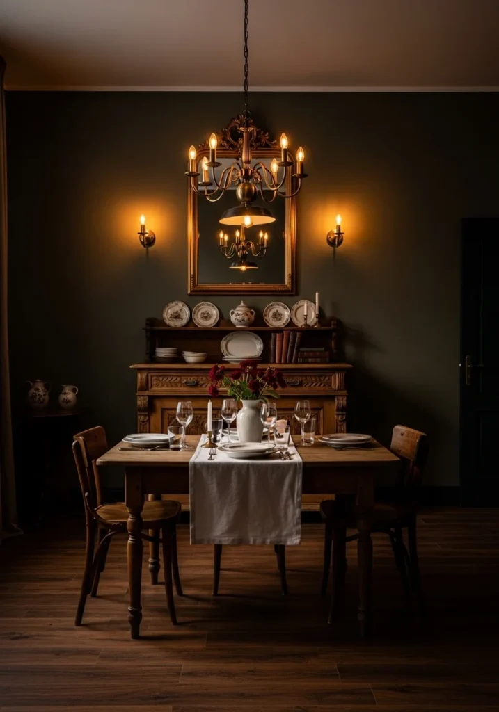 moody dining room with vintage furniture and antique decor