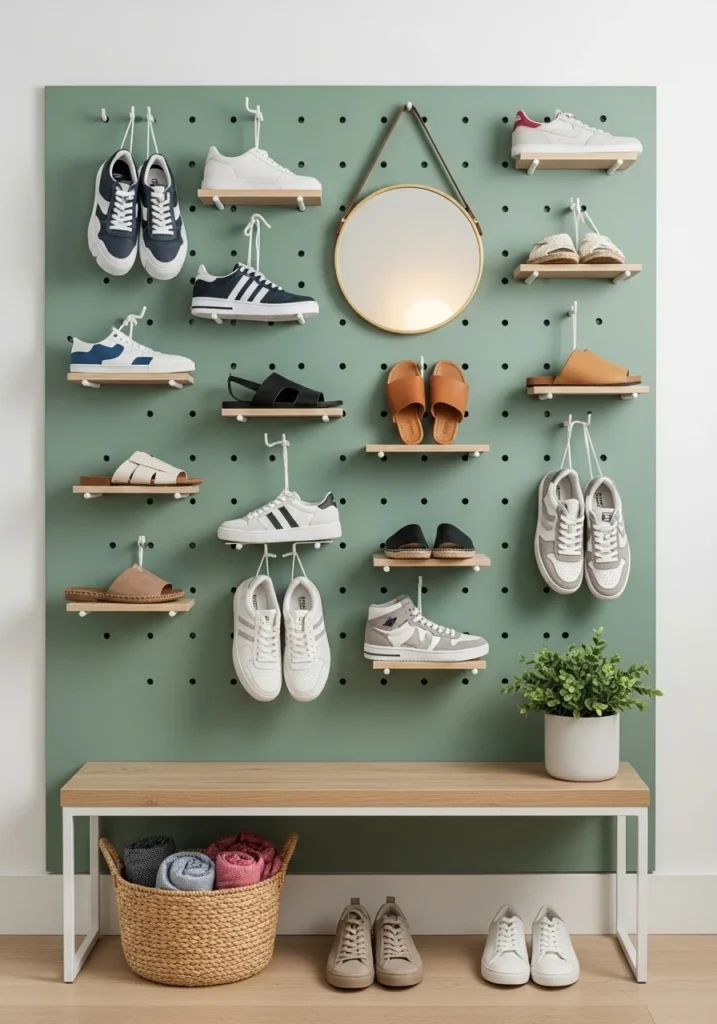 Pegboard shoe wall with hooks and shelves for creative shoe storage