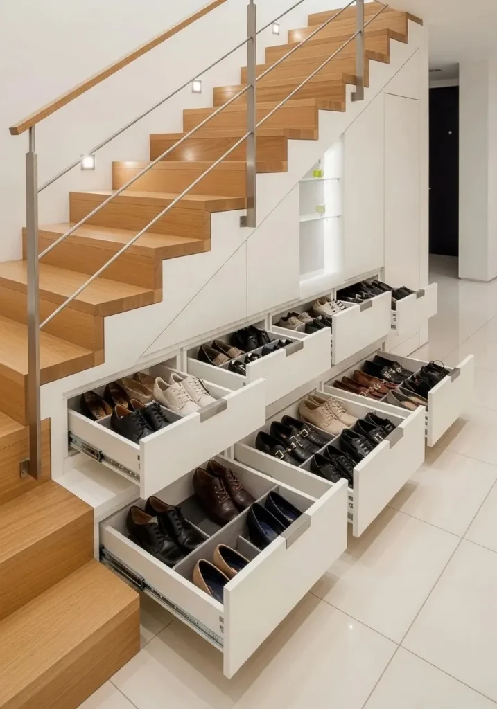 Hidden shoe storage drawers built into staircase steps for space saving