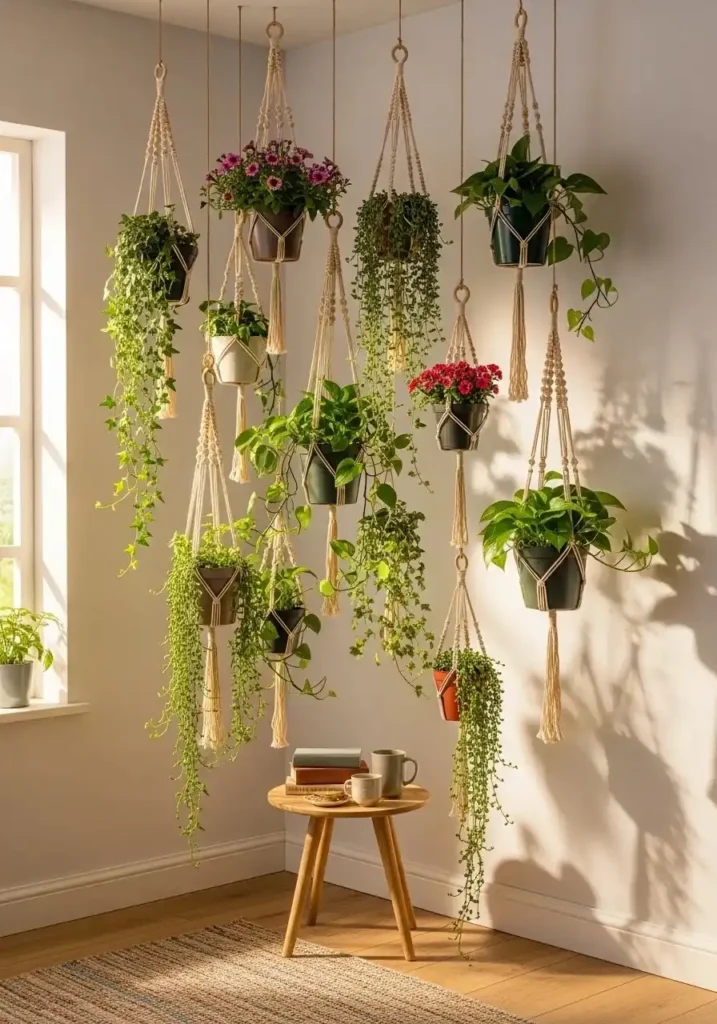 Hanging flower pots fully visible in a small space with vertical styling