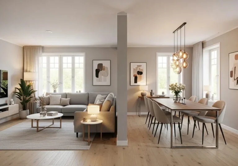 Living room dining room combo layout with clearly defined zones and modern cozy design
