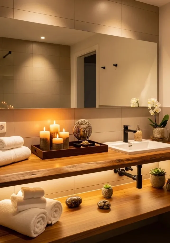 Layered bathroom decor with candles and towels for a personal touch