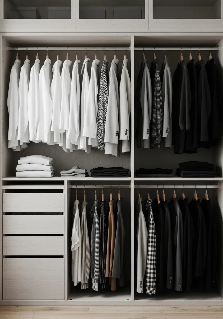 Color coded wardrobe in small walk in closet