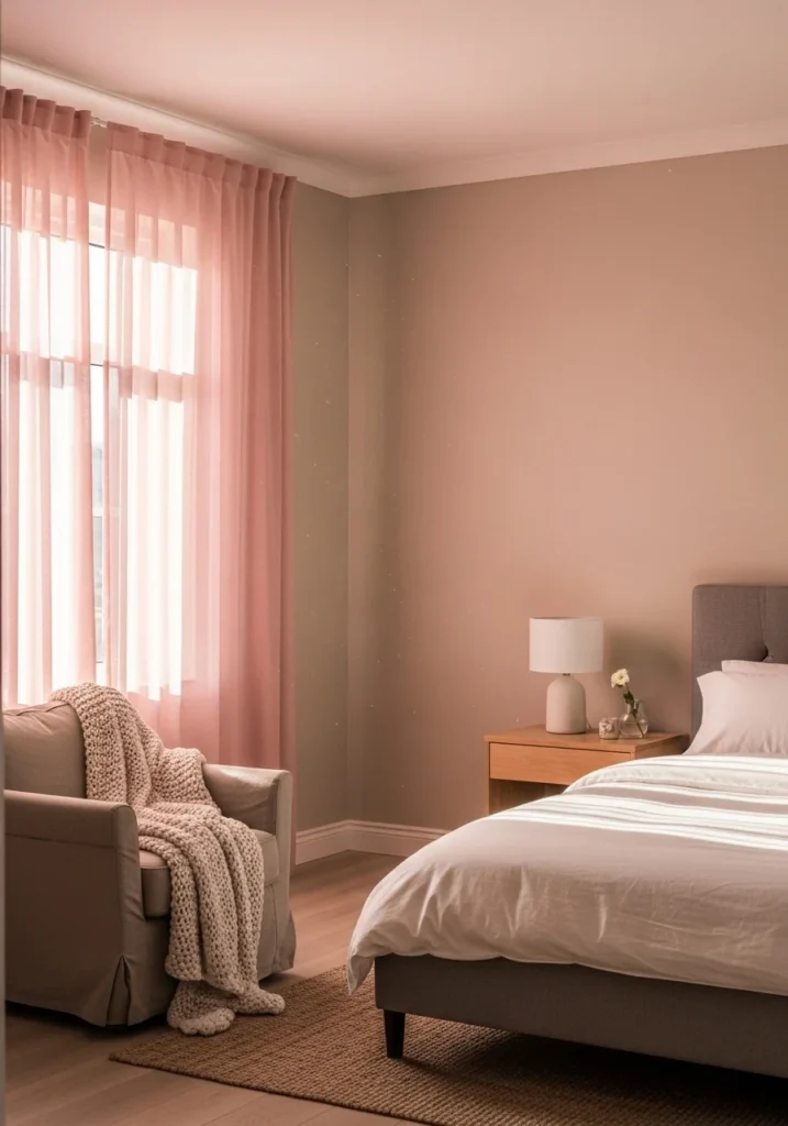 Pink sheer curtains filtering sunlight for a soft and dreamy bedroom vibe