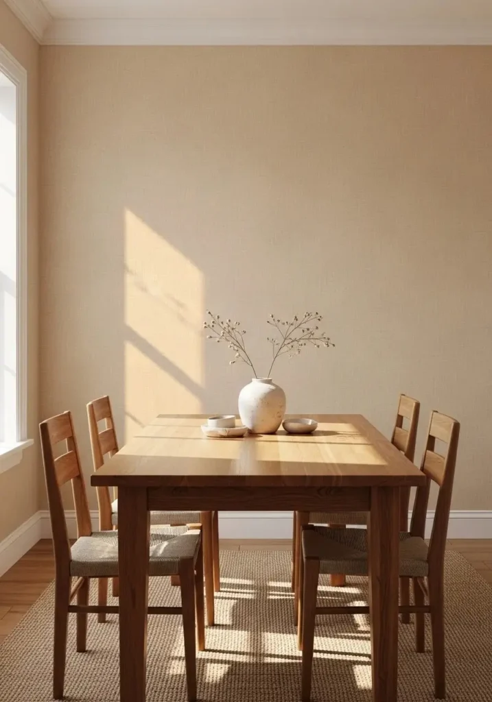 Soft neutral textured wallpaper creating a calm dining room atmosphere