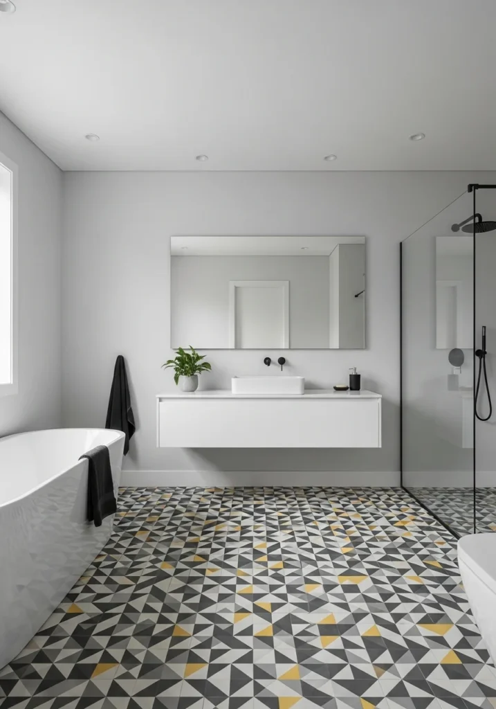 Bathroom with patterned floor tiles adding character and visual interest to the space
