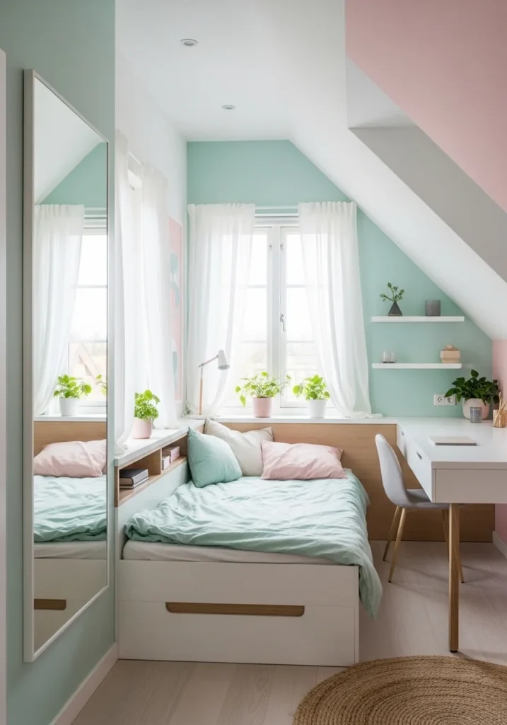 Small attic bedroom with light colors and mirrors to create a spacious feel