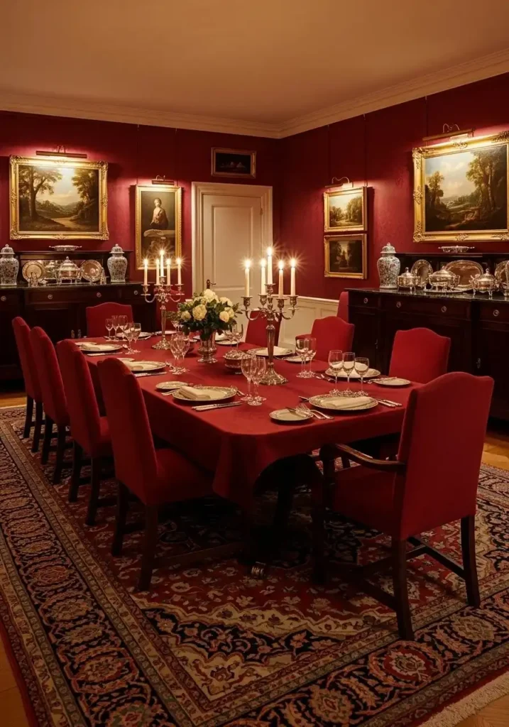 Burgundy color drenched dining room with elegant atmosphere