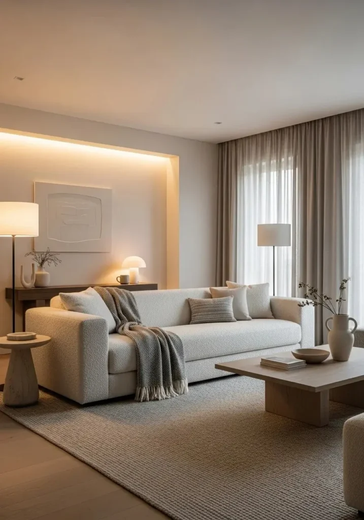 Oversized luxury sofa in neutral living room with soft textures and elegant minimal styling.