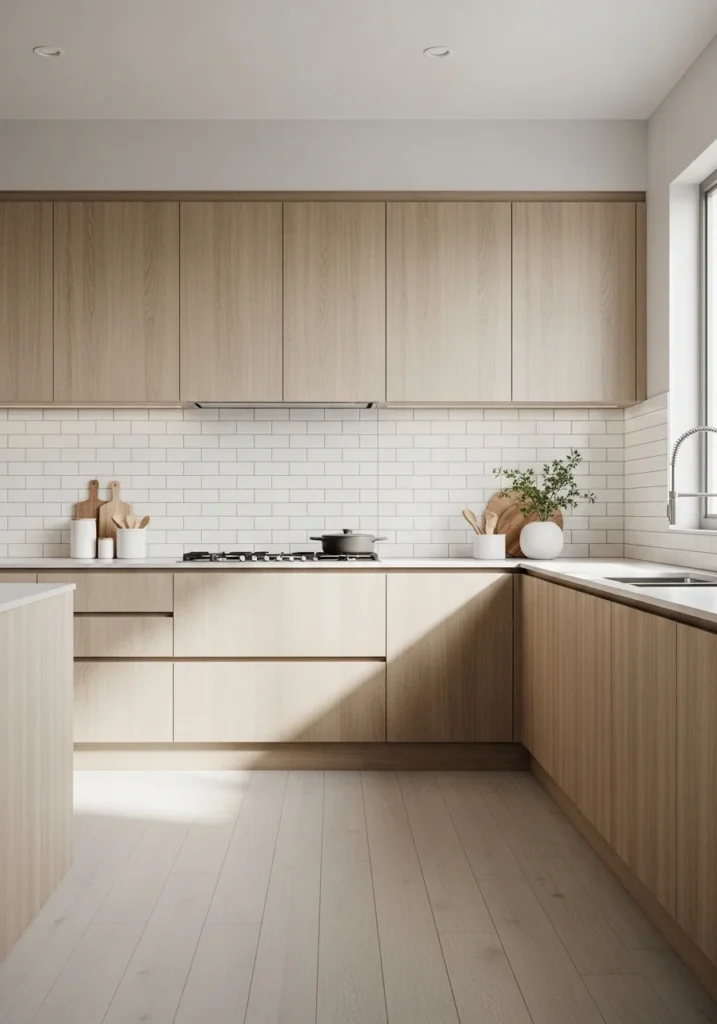 White subway tile kitchen backsplash with modern vertical layout
