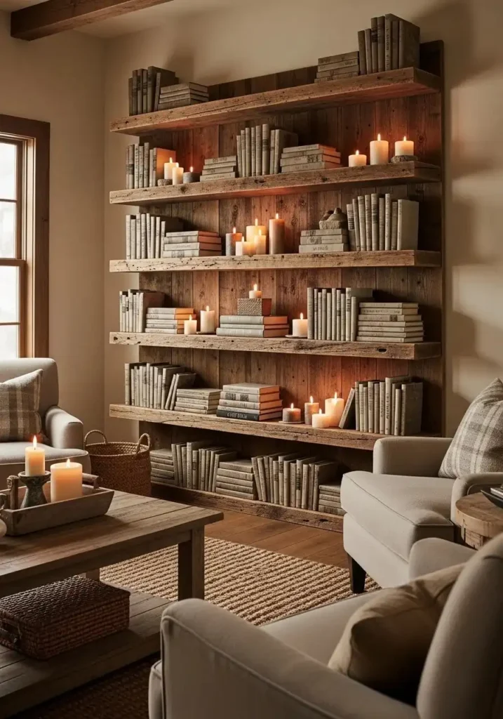 Rustic reclaimed wood shelves adding warmth, texture, and eco-friendly charm to living room