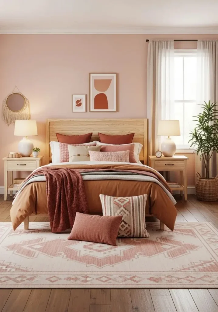 Pink and wood bedroom design creating a warm and natural feel