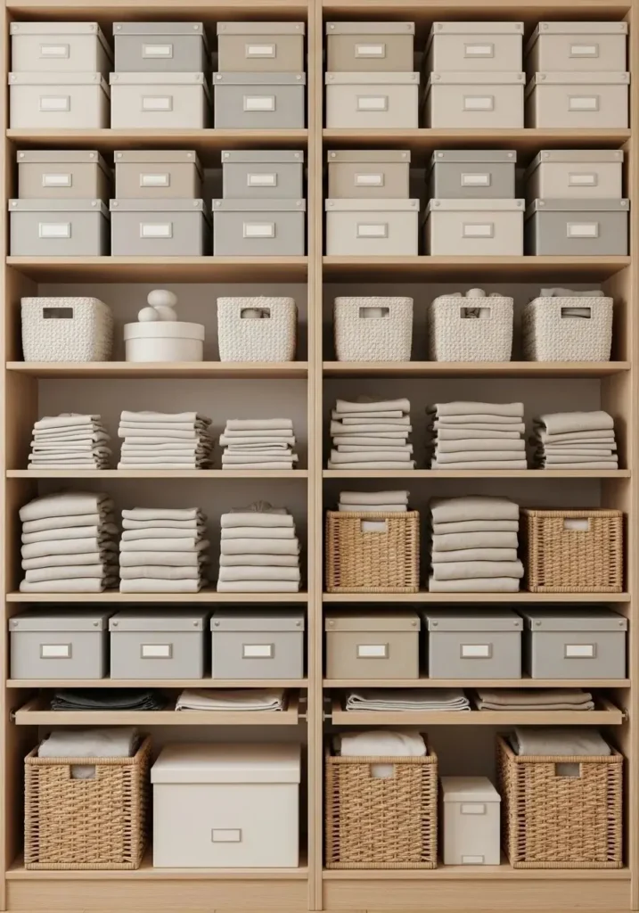 Floor to ceiling shelving in small walk in closet for storage