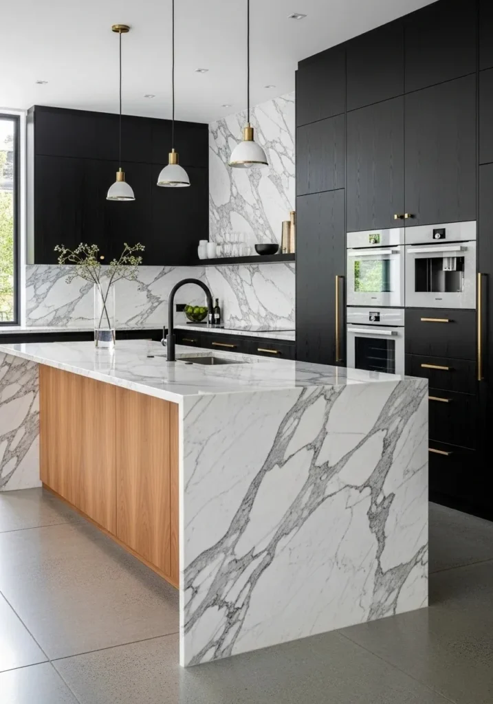 Mixed material waterfall island combining stone and wood in kitchen