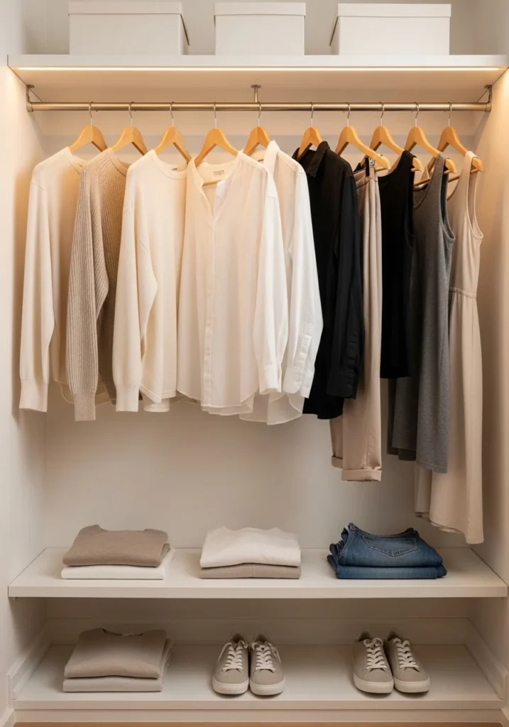 Capsule wardrobe section with minimal and versatile clothing