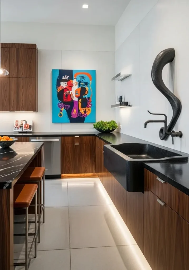 Vessel style kitchen sink above counter with modern designer look