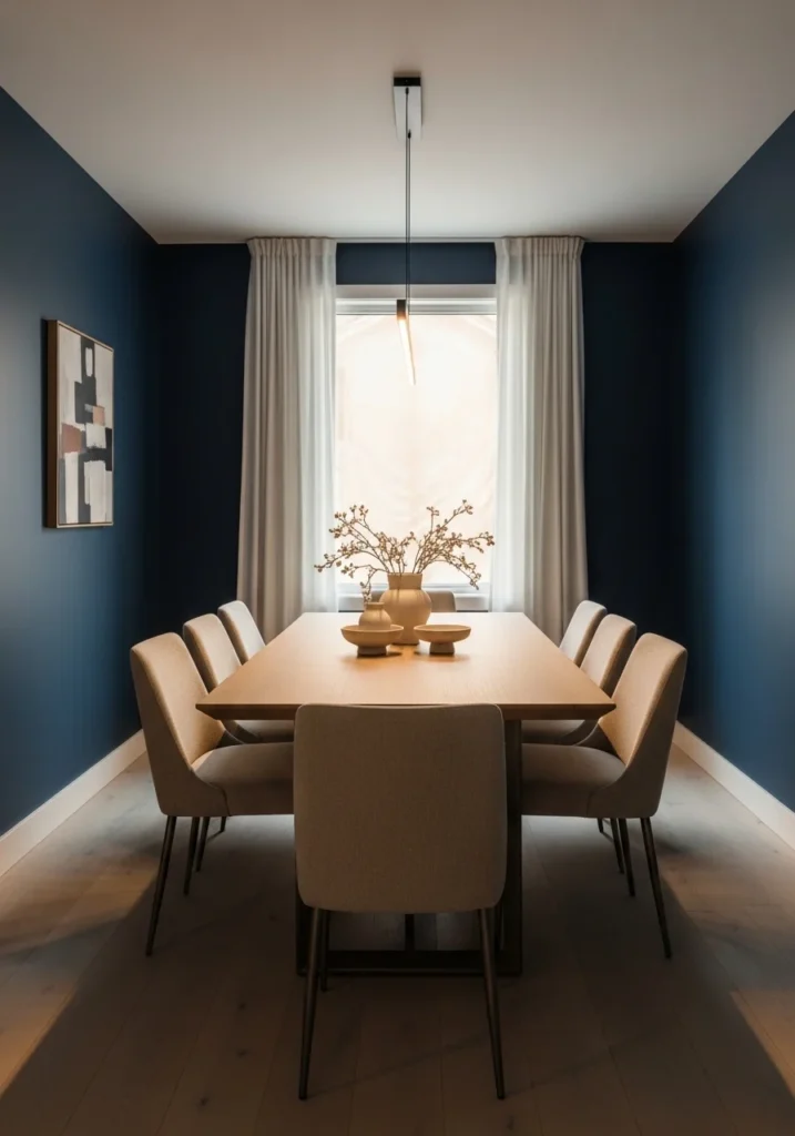 Bold navy blue dining room walls with neutral furniture creating a dramatic and elegant space