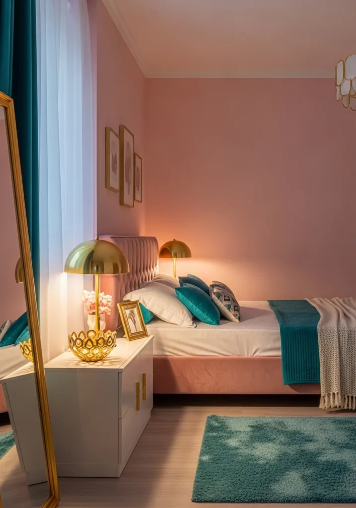 Pink bedroom with teal and gold decorative accents