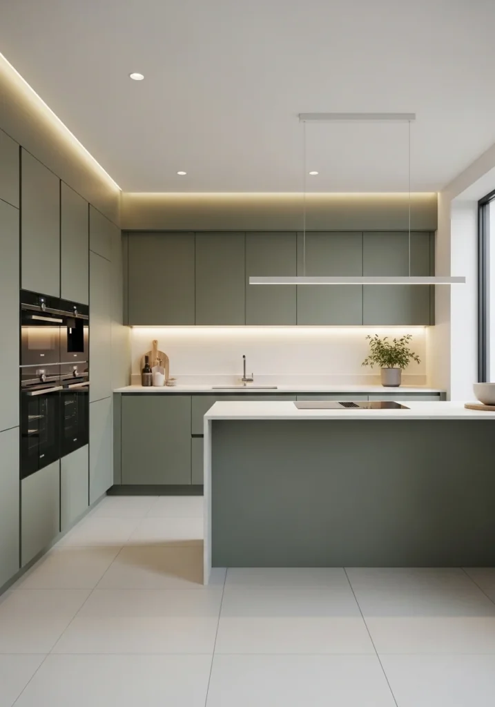 Matte green kitchen cabinets in modern minimalist style